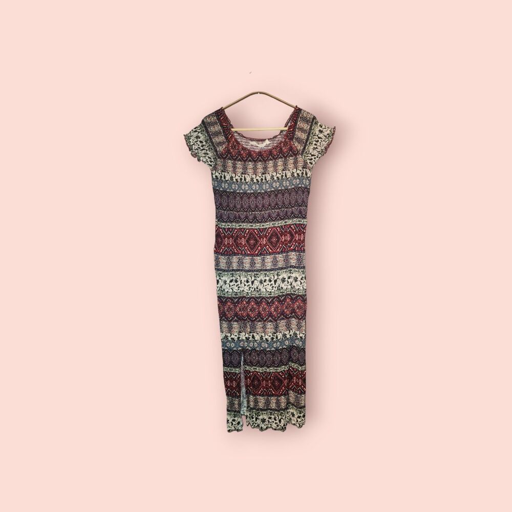 Soft Surroundings Dress Casual Maxi Dress Scoop Neck Geo Pattern Front Slit PM